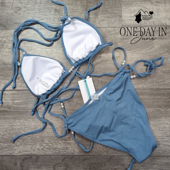 Tashehe Adjustable Triangle Ribbed Tie Side Bikini Swimsuit Size M - Picture 7 of 7